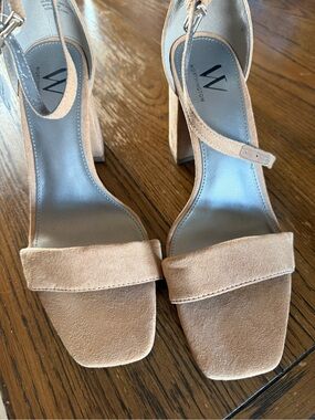 Worthington Beige Suede Block Heel Sandals with Ankle Strap